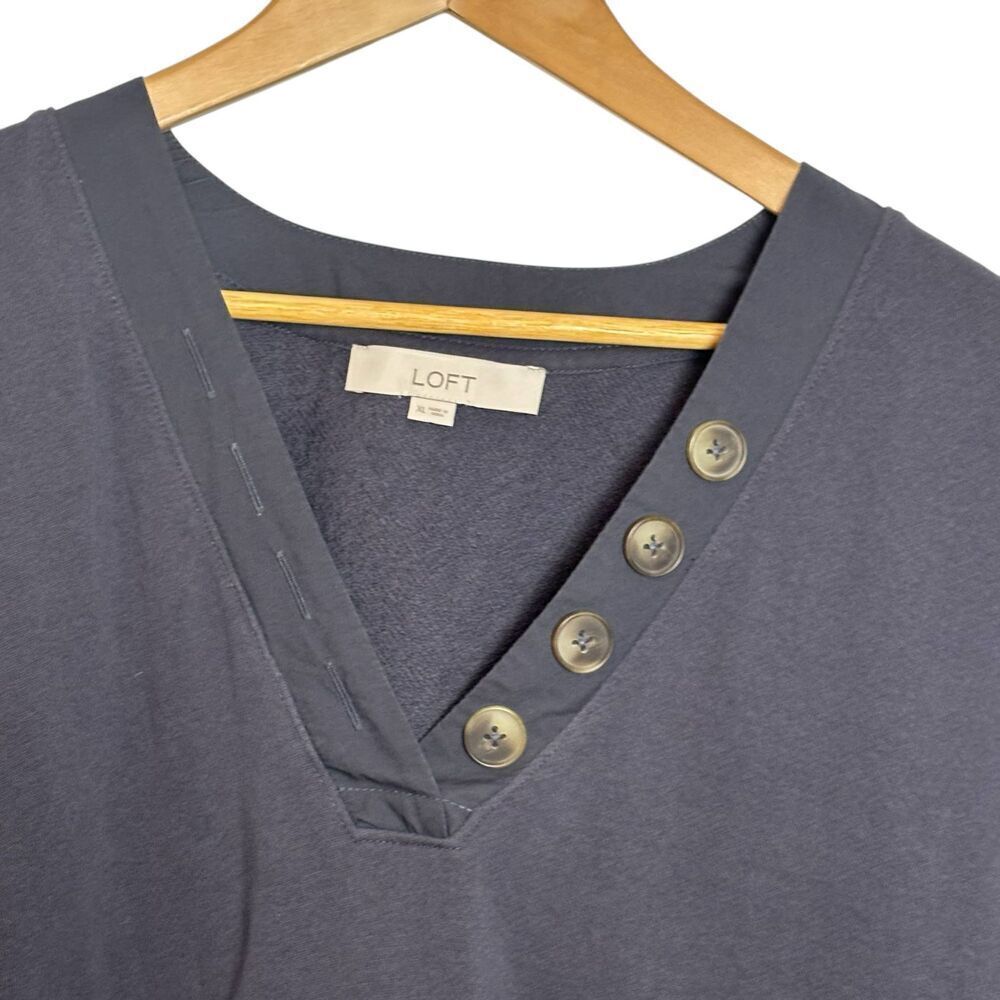 Loft Womens Puff Sleeve Henley Mixed Media Sweatshirt V Neck Cotton - Picture 4 of 6